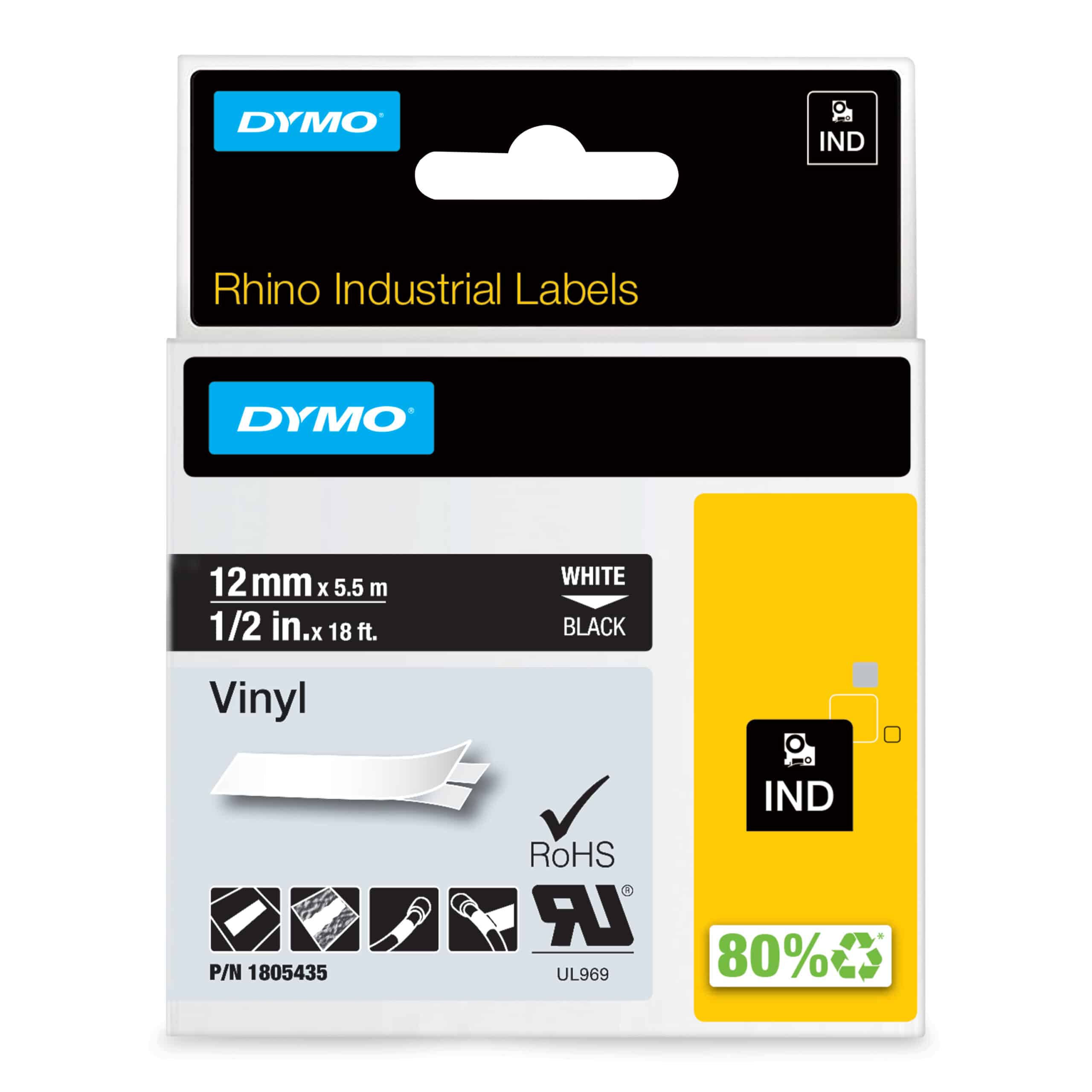 DYMO Rhino industriële Vinyl Labels | 12 mm x 5,5 m | witte afdruk op zwart | zelfklevende labels voor Rhino & LabelManager labelprinters