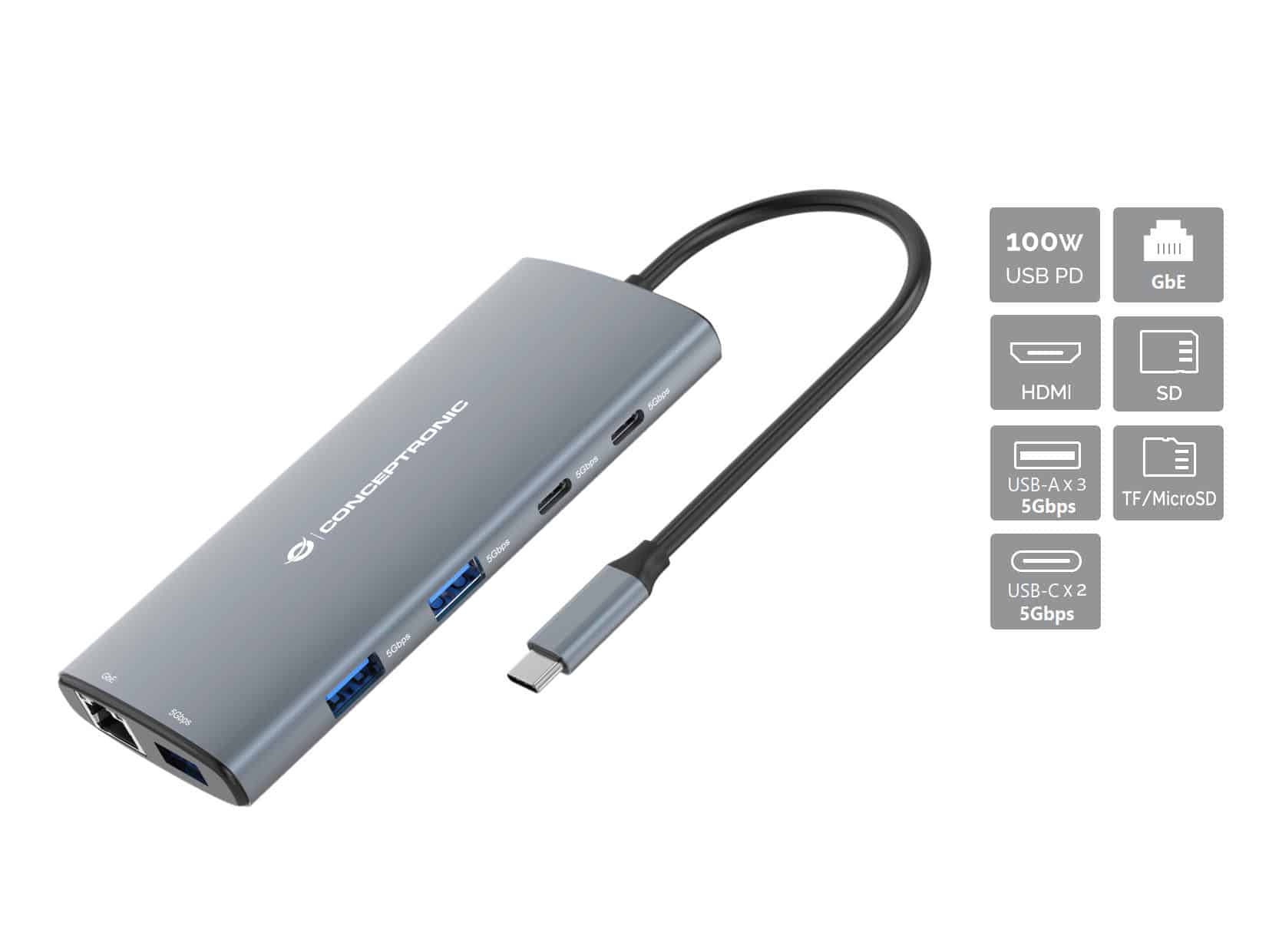 Conceptronic DONN06G Bedraad USB 3.2 Gen 1 (3.1 Gen 1) Type-C Grijs