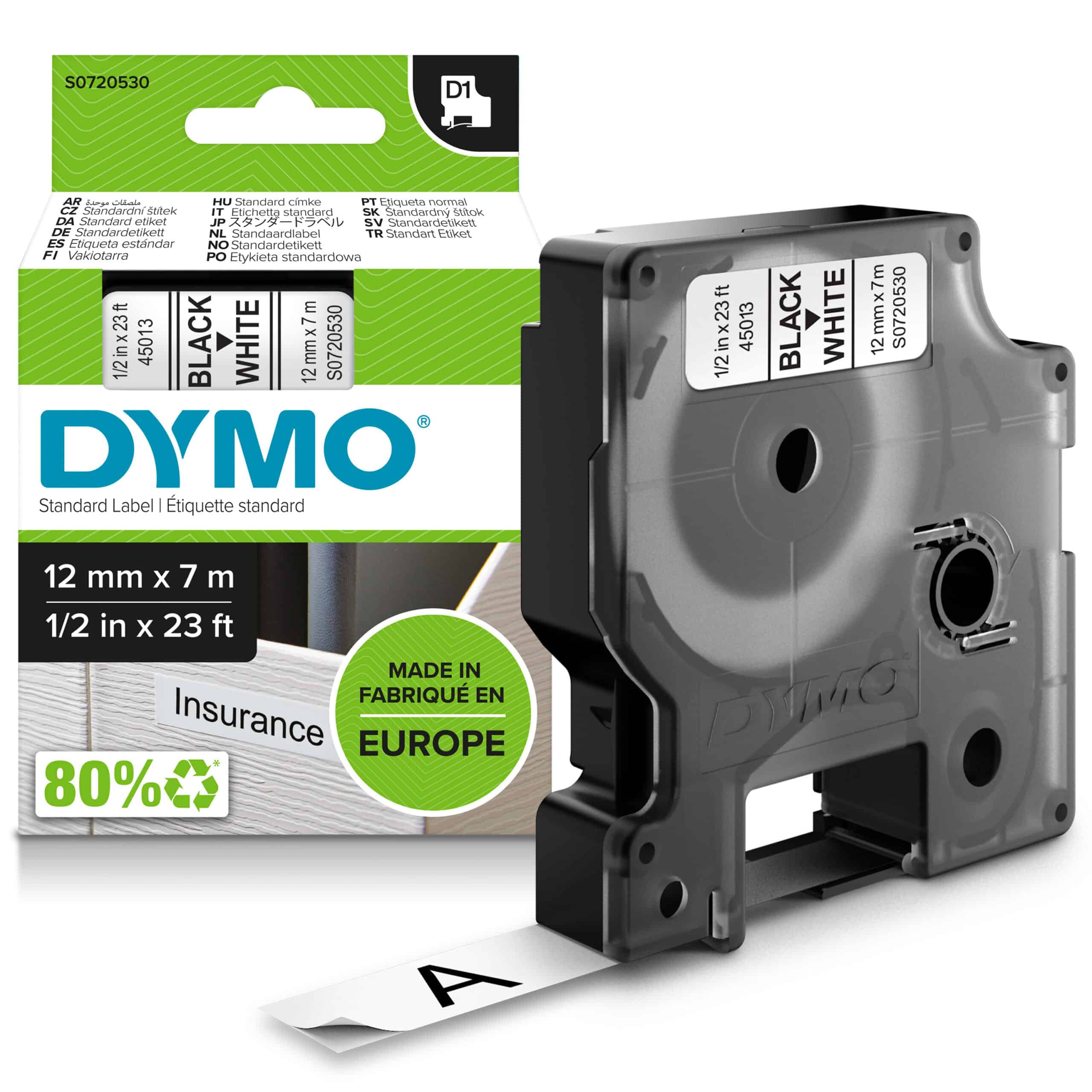 DYMO originele D1 labels | Zwarte Tekst op Wit Label | 12 mm x 7 m | Zelfklevende etiketten voor de LabelManager labelprinter | gemaakt in Europa