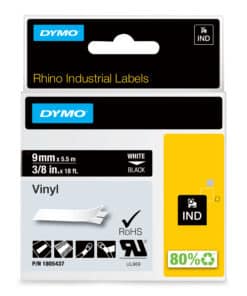 DYMO Rhino industriële Vinyl Labels | 9 mm x 5,5 m | witte afdruk op zwart | zelfklevende labels voor Rhino & LabelManager labelprinters