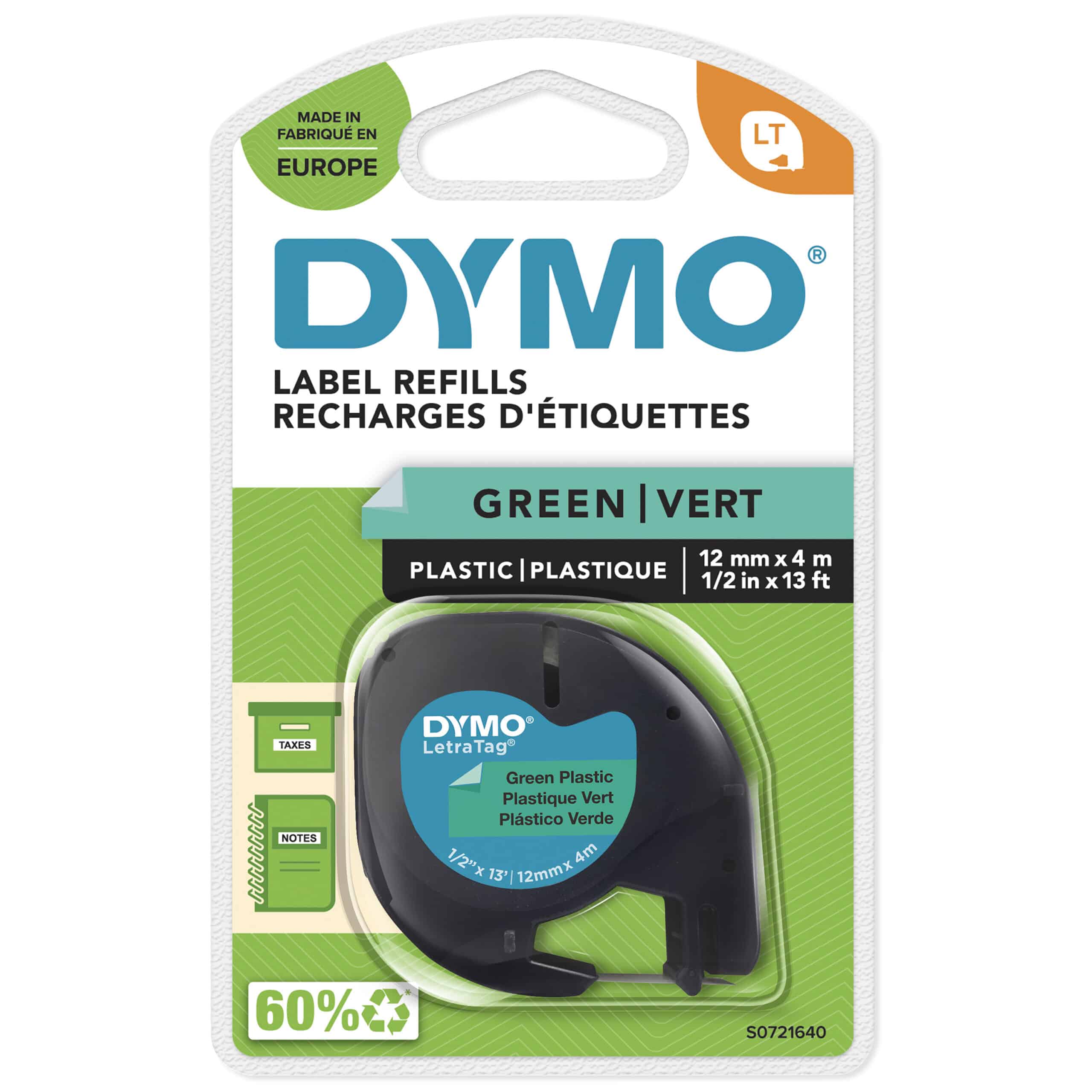 DYMO LetraTag originele plastic labels | Zwarte afdruk op groene etiketten | 12 mm x 4 m | Zelfklevende multifunctionele labels voor LetraTag labelprinters | gemaakt in Europa