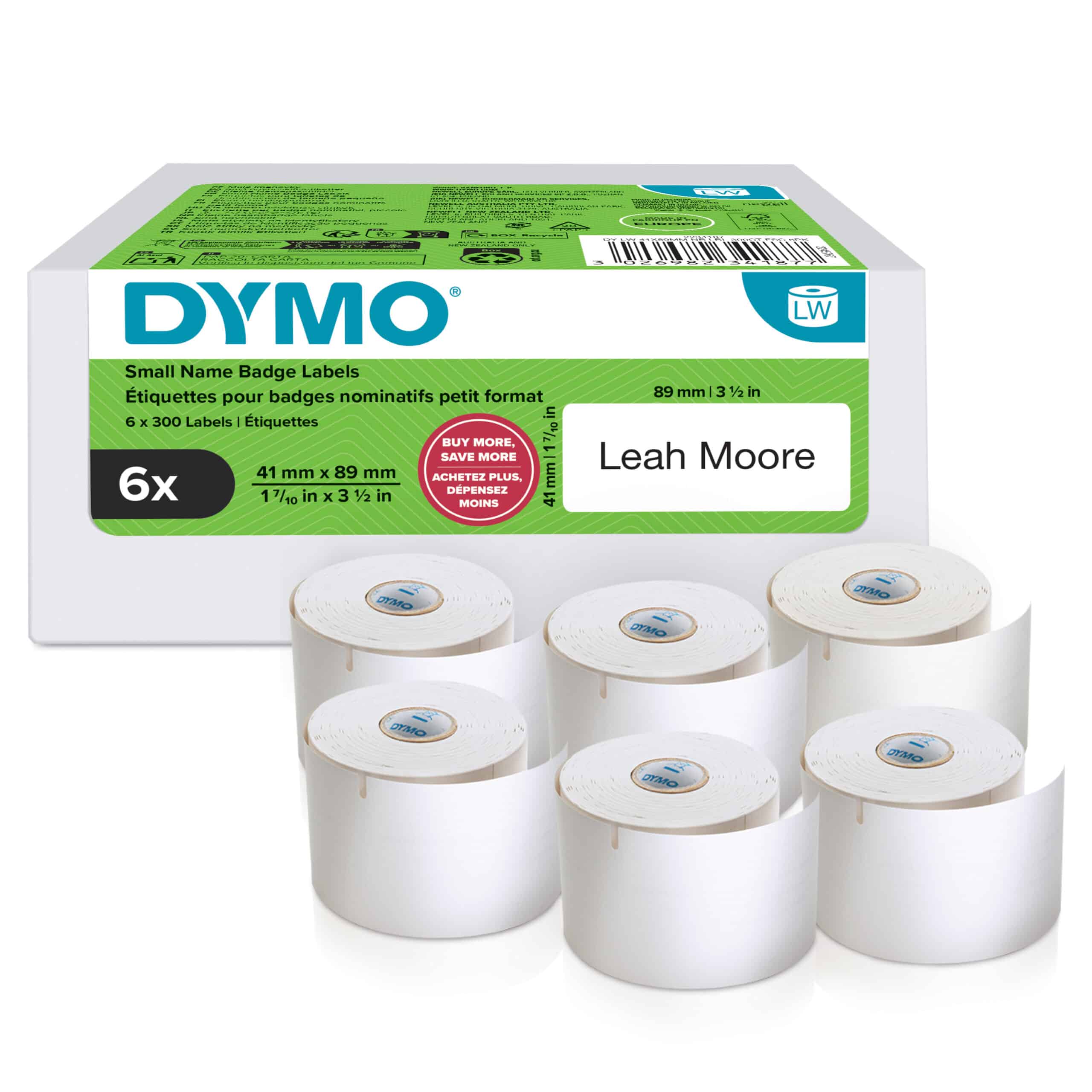 DYMO originele LabelWriter kleine naambadgelabels | 41 mm x 89 mm | Zelfklevend | 6 met elk 300 labels (1.800 zelfklevende etiketten) | voor de LabelWriter labelprinters | Gemaakt in Europa