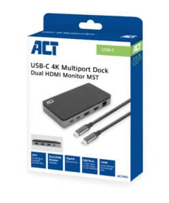 ACT USB-C 4K MST dockingstation voor 2 HDMI-monitoren, Ethernet, USB-C, 3x USB-A, PD passthrough en 1 meter lange afneembare USB-C-kabel - Afbeelding 2