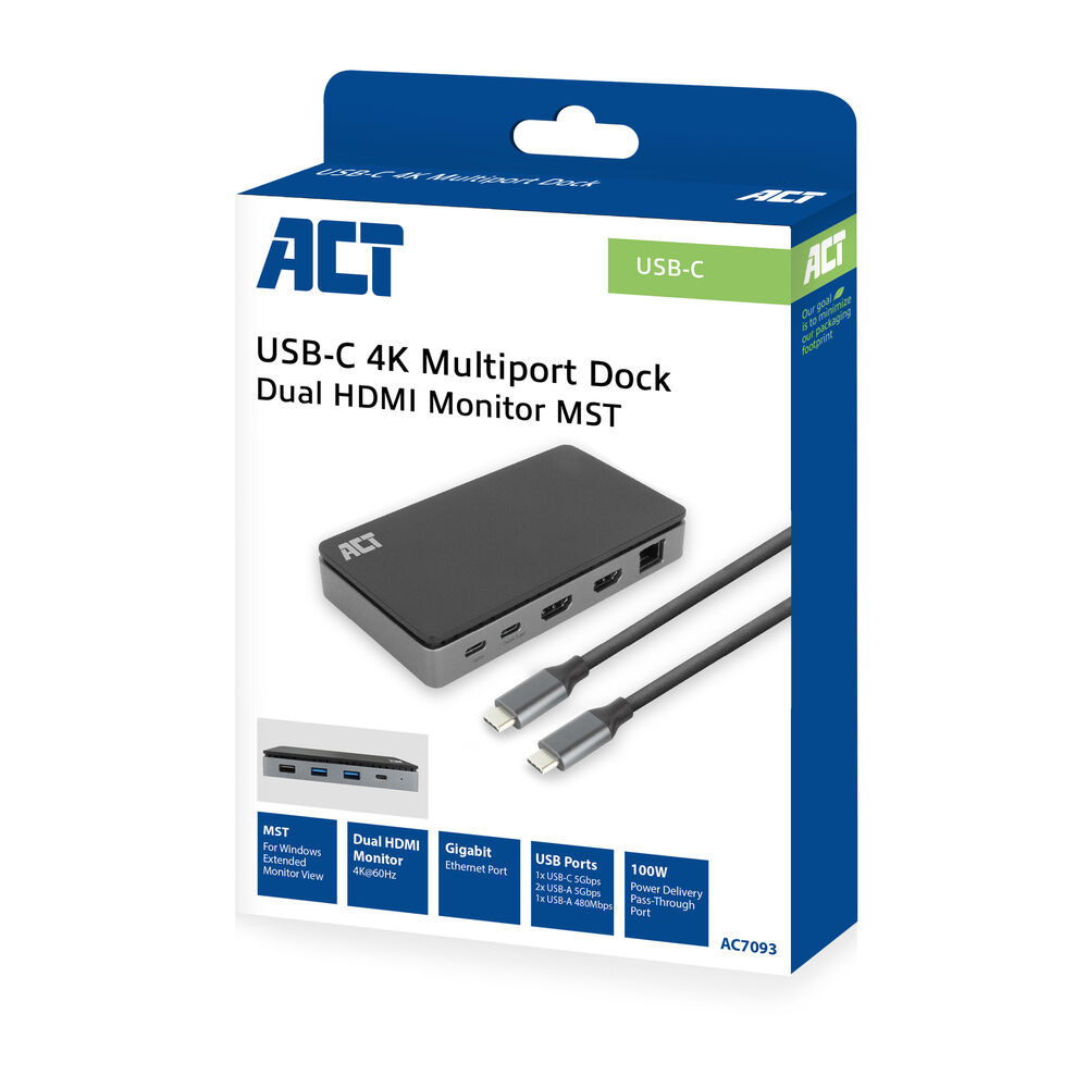 ACT USB-C 4K MST dockingstation voor 2 HDMI-monitoren, Ethernet, USB-C, 3x USB-A, PD passthrough en 1 meter lange afneembare USB-C-kabel - Afbeelding 2