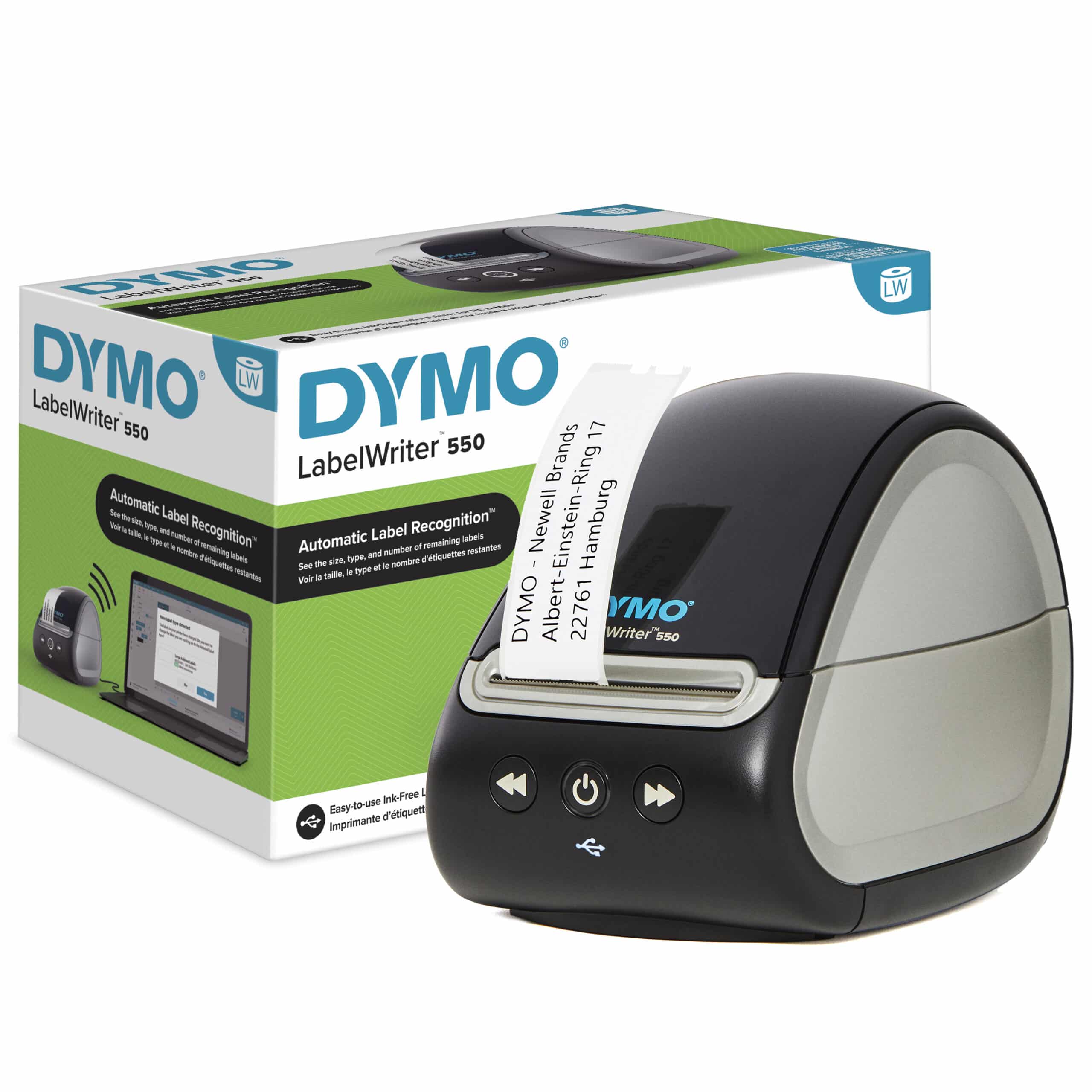 DYMO LabelWriter 550 Labelprinter | Labelmaker met direct thermisch printen | Automatische labelherkenning | Drukt adreslabels, verzendlabels, barcodelabels af en meer | Tweepolige EU-stekker