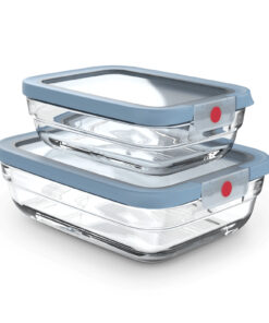 Tefal oneClick Glass N1240510 2-delige set vershoudbakjes (1L / 2L), rechthoekig, blauw