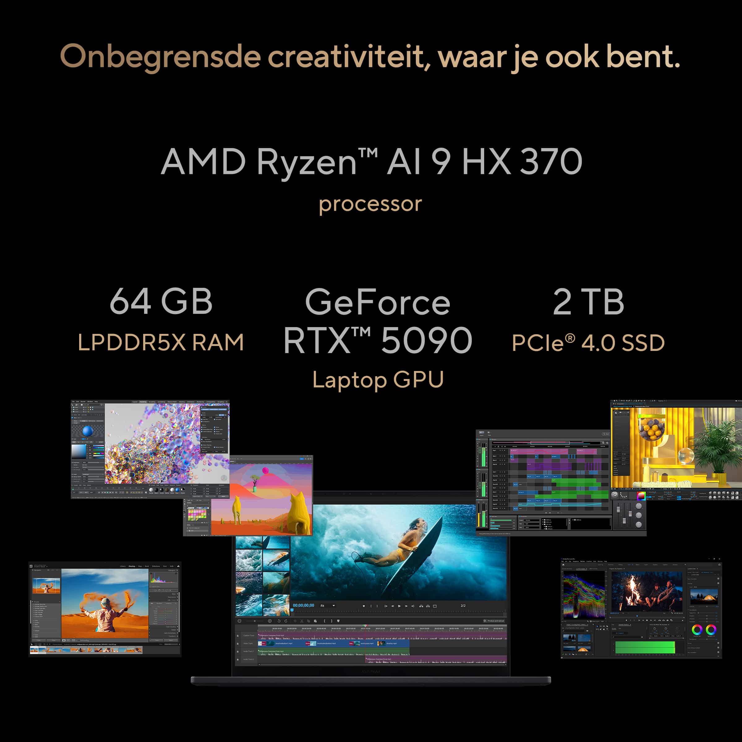 ASUS ProArt P16 H7606WX-SE002X Copilot+ PC AMD Ryzen AI 9 HX 370 Laptop 40,6 cm (16") Touchscreen WQUXGA 64 GB LPDDR5x-SDRAM 4 TB SSD NVIDIA GeForce RTX 5090 Wi-Fi 7 (802.11be) Windows 11 Pro Belgisch Zwart - Afbeelding 5