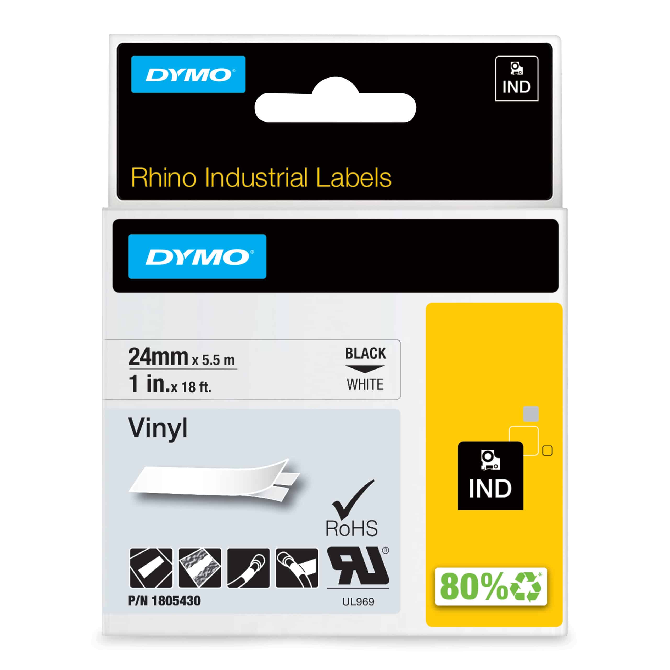 DYMO Rhino industriële Vinyl Labels | 24 mm x 5,5 m | zwarte afdruk op wit | zelfklevende labels voor Rhino & LabelManager labelprinters