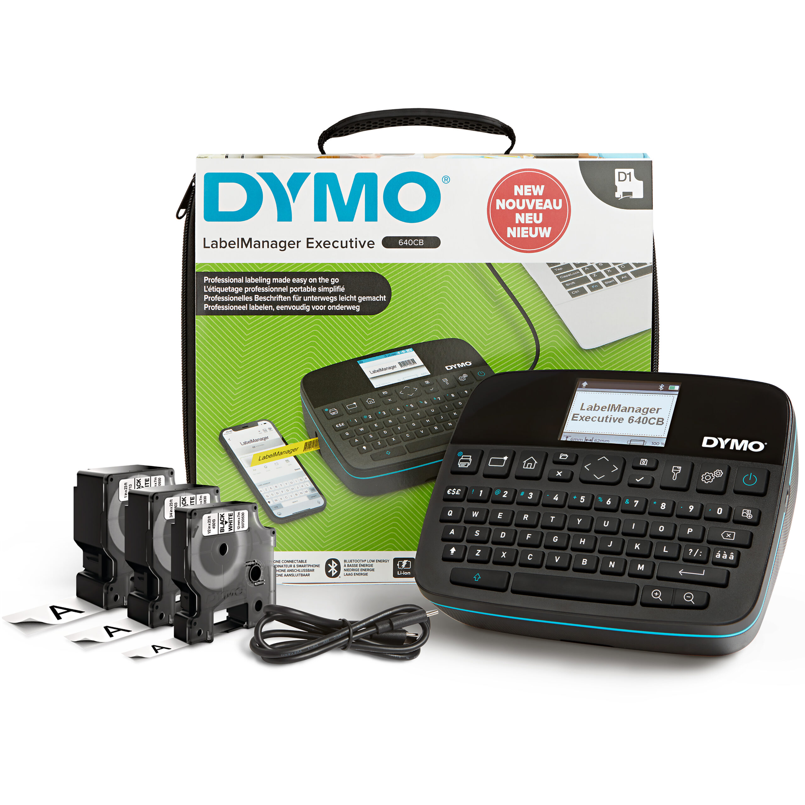 DYMO LabelManager Executive 640 CB draagbare labelprinterkit met draagtas en 3 labelcassettes | compacte QWERTY-labelmaker | Bluetooth- & USB-connectiviteit | compatibel met D1-labels