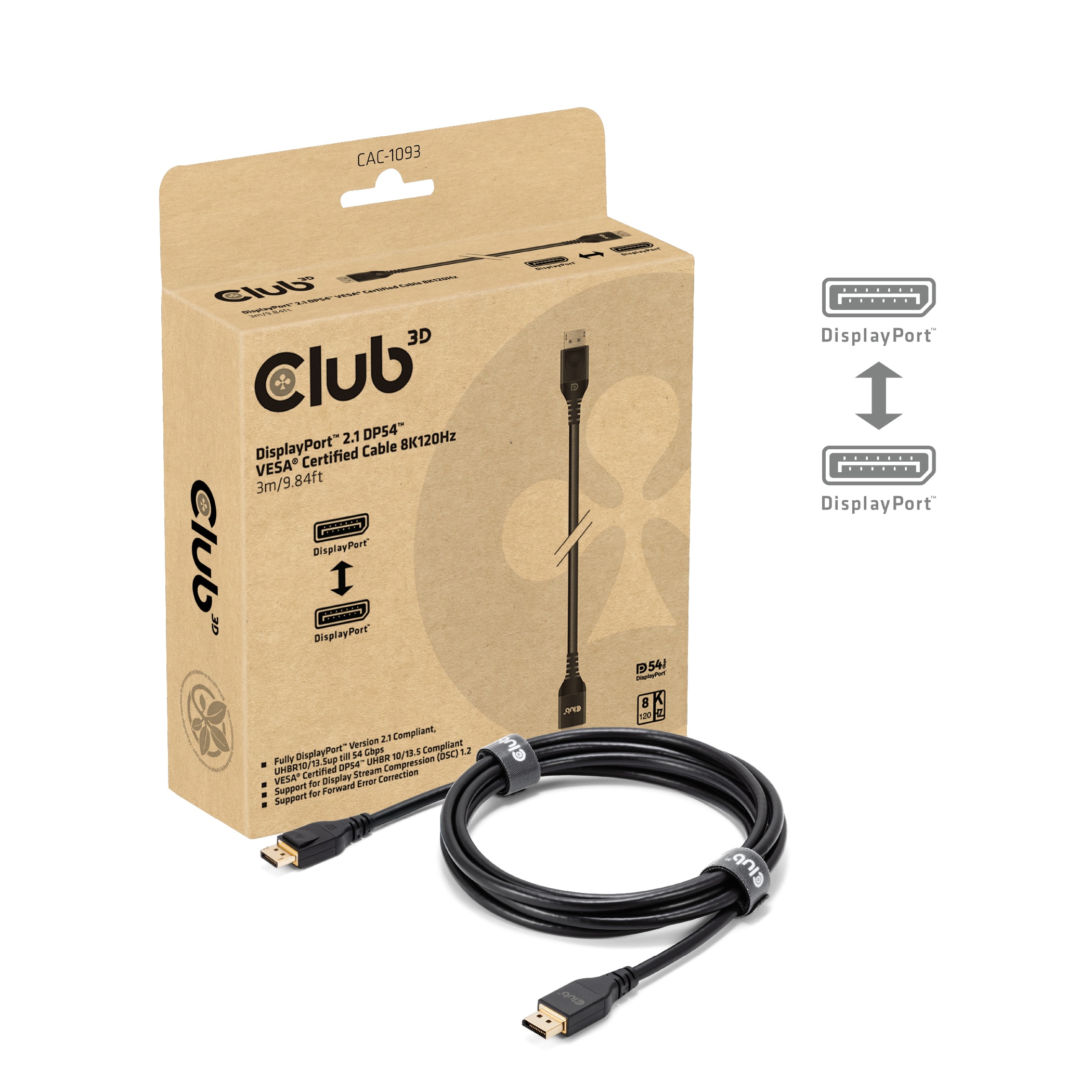 CLUB3D DisplayPort™ 2.1 DP54™ VESA® Certified Cable 8K120Hz 3m/ 9.84ft - Afbeelding 2