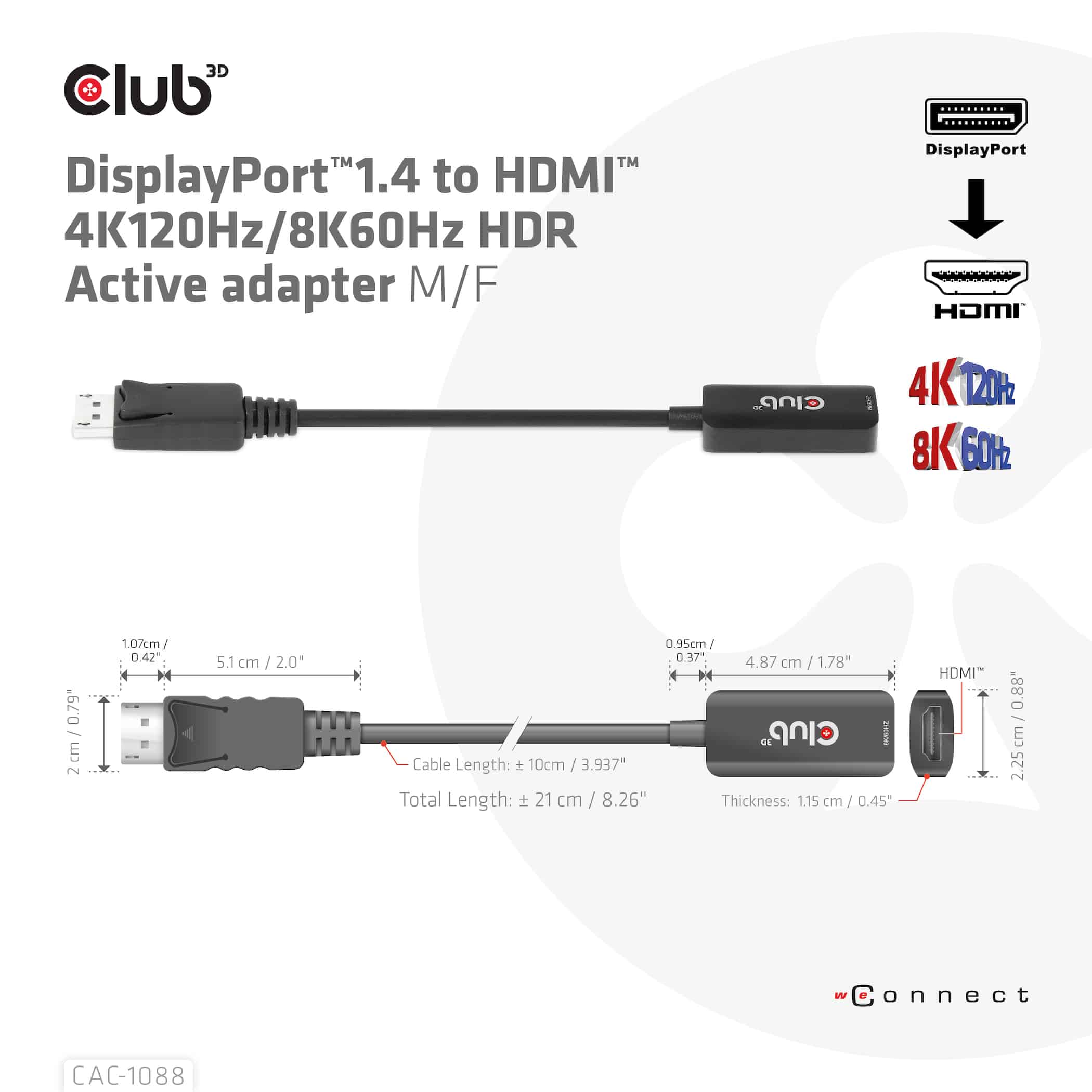 CLUB3D DisplayPort1.4 to HDMI 4K120Hz/8K60Hz HDR Active adapter M/F - Afbeelding 3