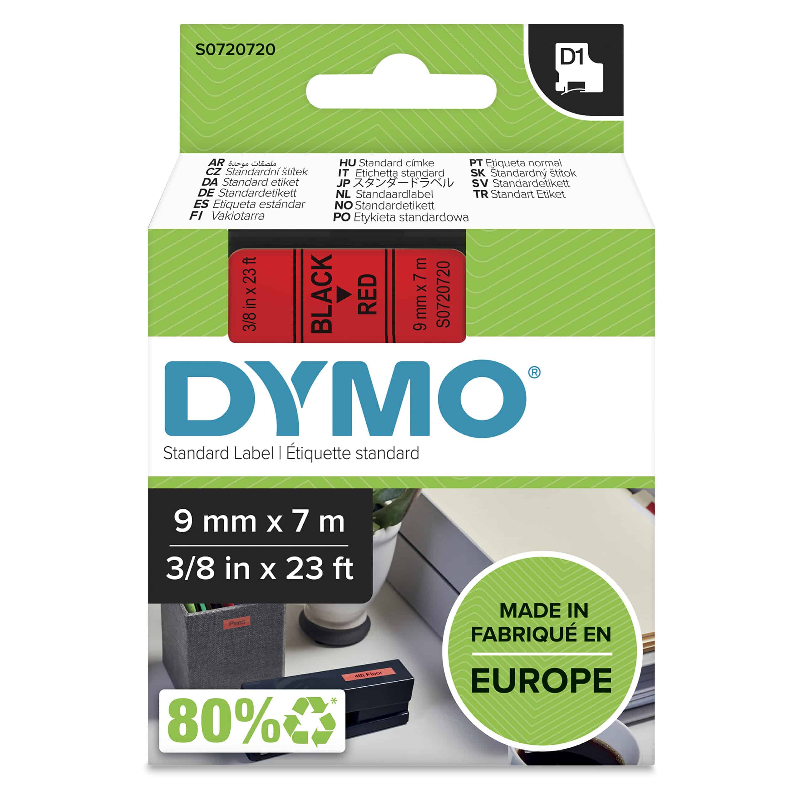 DYMO originele D1 labels | Zwarte Tekst op Rood Label | 9 mm x 7 m | zelfklevende etiketten voor de LabelManager labelmaker | gemaakt in Europa