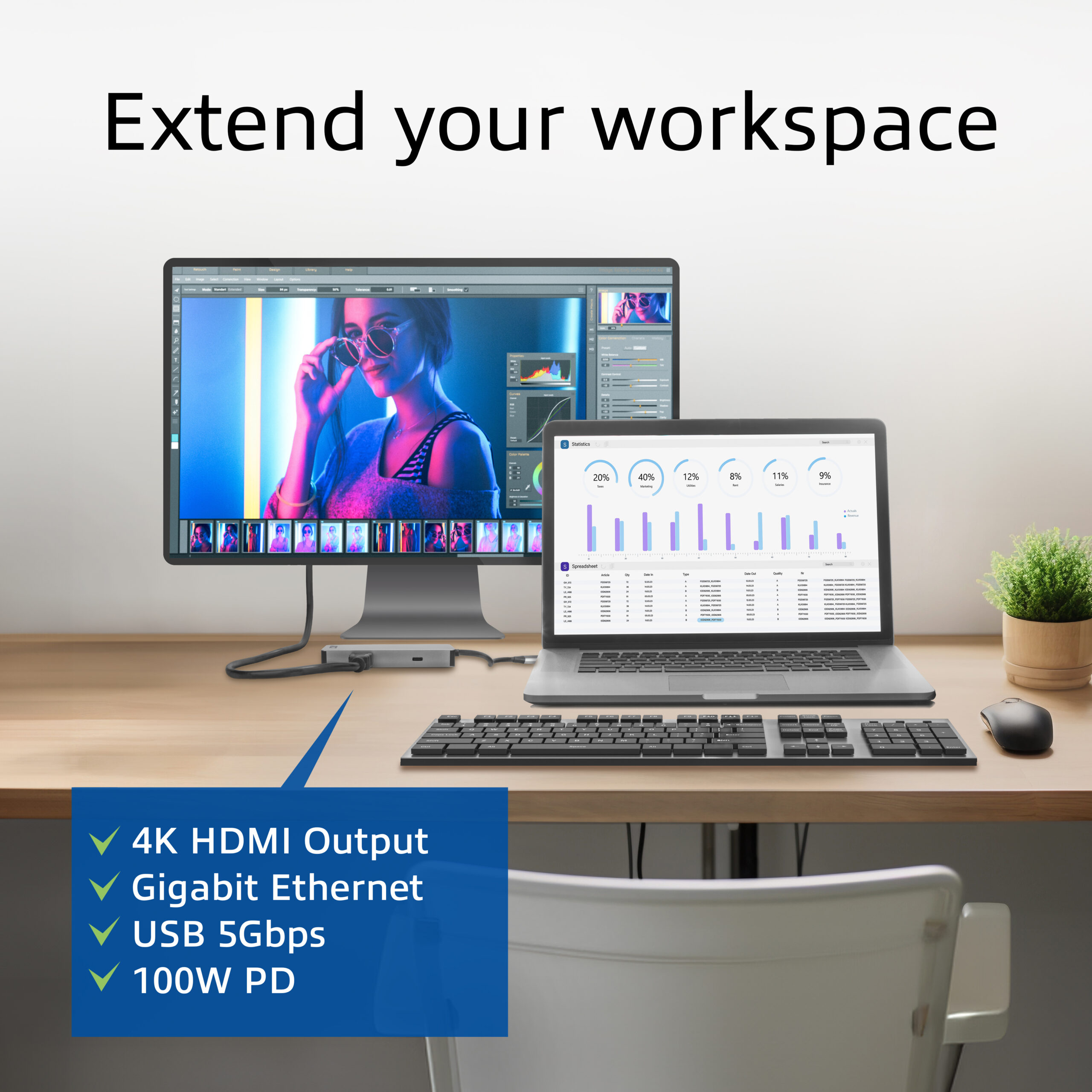 ACT USB-C 4K docking station voor 1 HDMI monitor, ethernet, USB-C, USB-A, cardreader en PD pass-through - Afbeelding 4