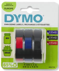 DYMO originele reliëftape | 9 mm x 3 m | Wit op blauw, wit op rood, wit op zwart | Zelfklevend etiketten voor Lettertang | 3 stuks | Gemaakt in Europa