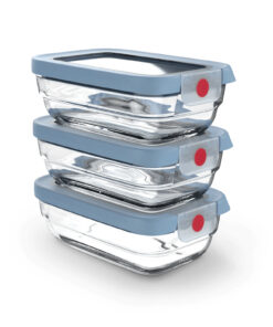 Tefal oneClick Glass N1240410 3-delige set vershoudbakjes, rechthoekig, blauw