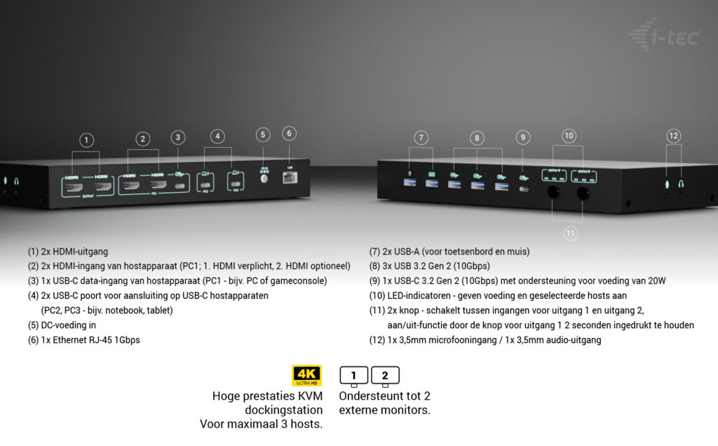i-tec USB-C KVM Dock PRO for Three Hosts, Dual Video, with 2x Power Delivery, max 92W