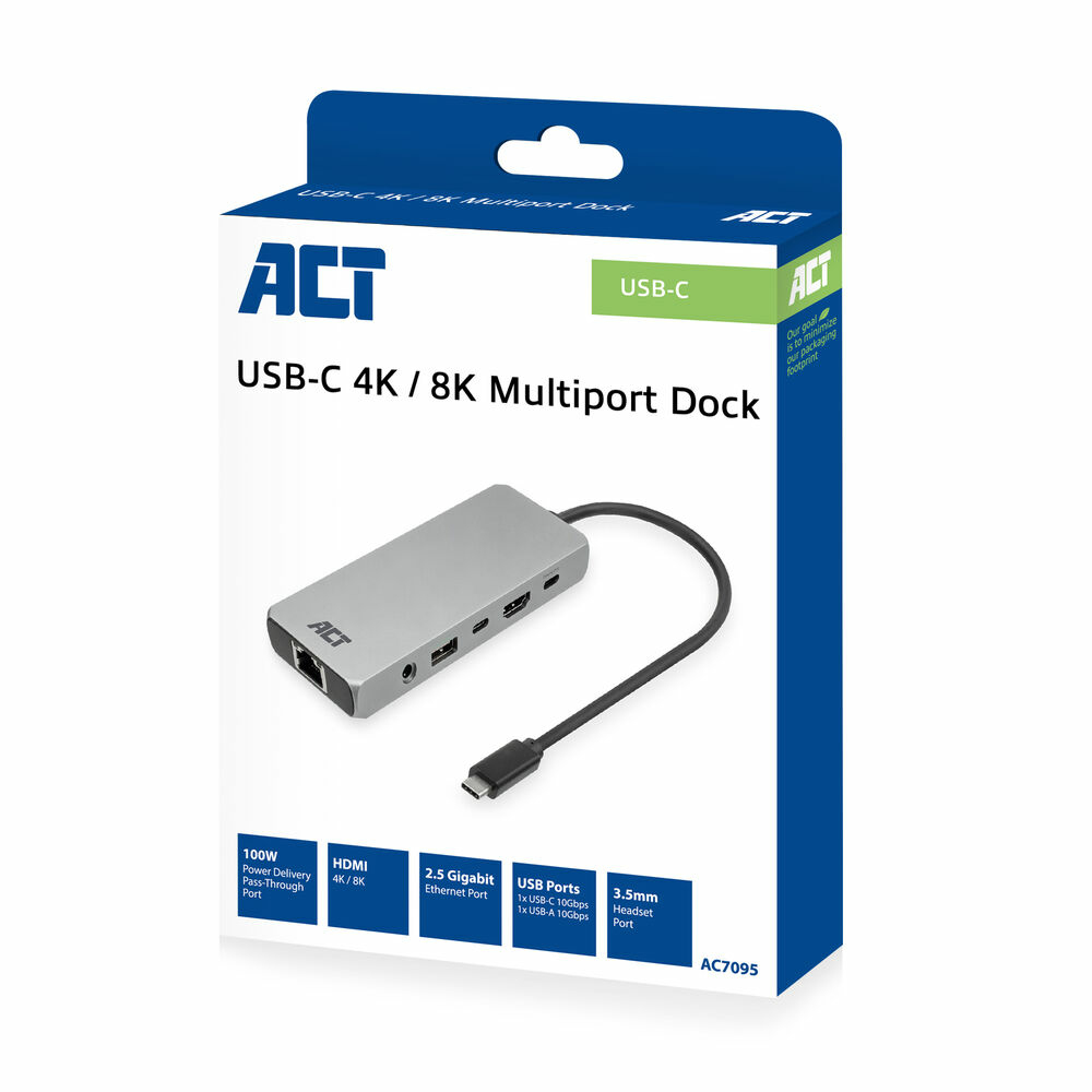 ACT USB-C 4K / 8K 30Hz dockingstation voor 1 HDMI monitor, 2,5 Gigabit ethernet, USB-C 10Gbps, USB-A 10Gbps, 3,5mm audio, PD pass-through - Afbeelding 2