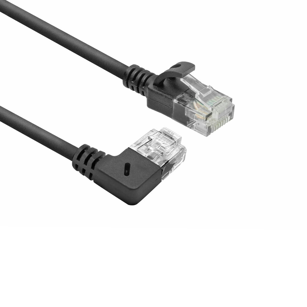 ACT Zwarte 1,5 meter U/UTP CAT6A LSZH slimline patchkabel met RJ45 connectoren, recht naar 90° haaks rechts