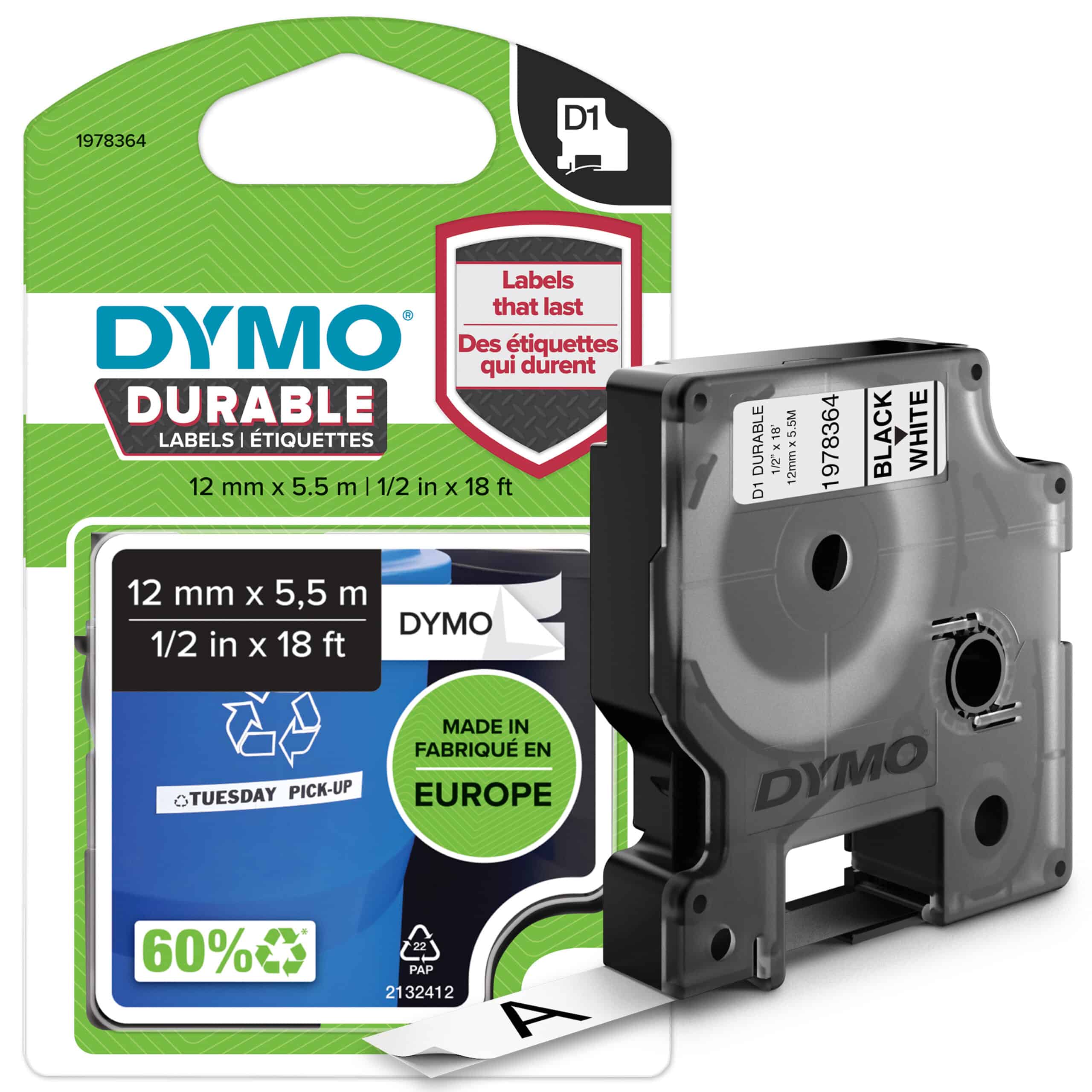DYMO originele D1 Duurzame labels | Zwarte Tekst op Wit Label | 12 mm x 5,5 m | zelfklevende etiketten voor de LabelManager labelprinter | gemaakt in Europa