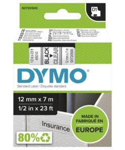 DYMO originele D1 labels | Zwarte Tekst op Doorzichtig Label | 12 mm x 7 m | zelfklevende etiketten voor de LabelManager labelprinter | gemaakt in Europa