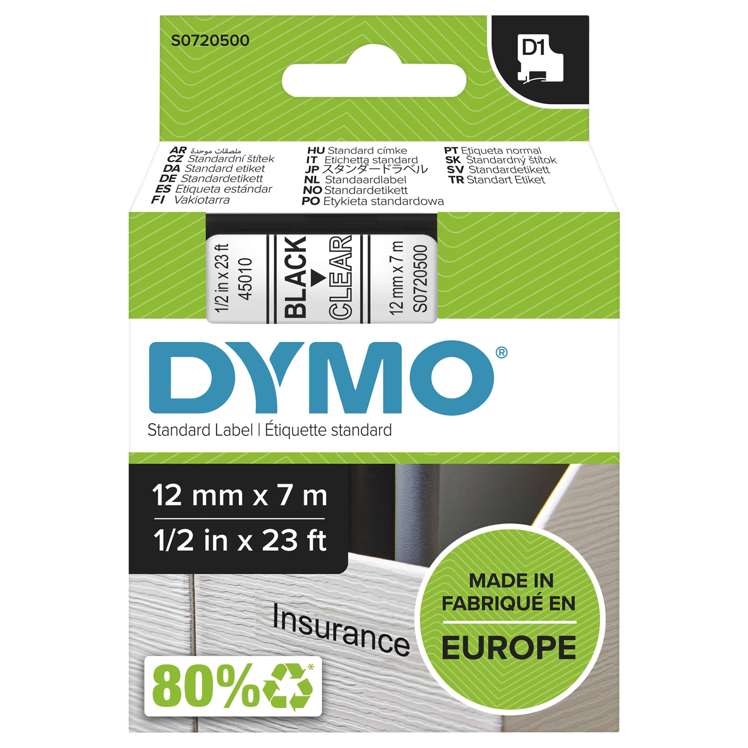 DYMO originele D1 labels | Zwarte Tekst op Doorzichtig Label | 12 mm x 7 m | zelfklevende etiketten voor de LabelManager labelprinter | gemaakt in Europa