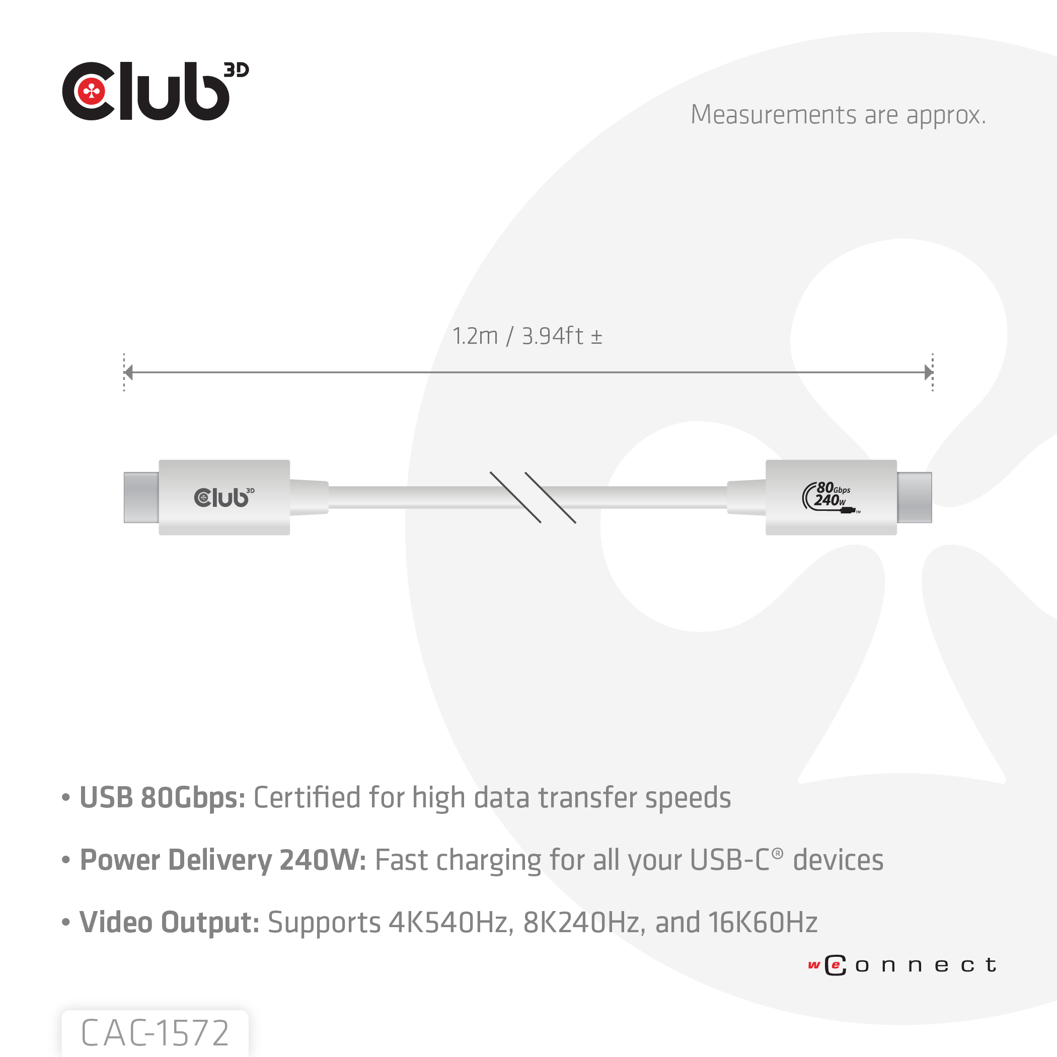 CLUB3D USB 80Gbps Certified 240W 8K240Hz Type-C® 1.2m / 3.94ft White Cable - Afbeelding 4