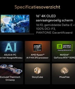 ASUS ProArt P16 H7606WX-SE002X Copilot+ PC AMD Ryzen AI 9 HX 370 Laptop 40,6 cm (16") Touchscreen WQUXGA 64 GB LPDDR5x-SDRAM 4 TB SSD NVIDIA GeForce RTX 5090 Wi-Fi 7 (802.11be) Windows 11 Pro Belgisch Zwart