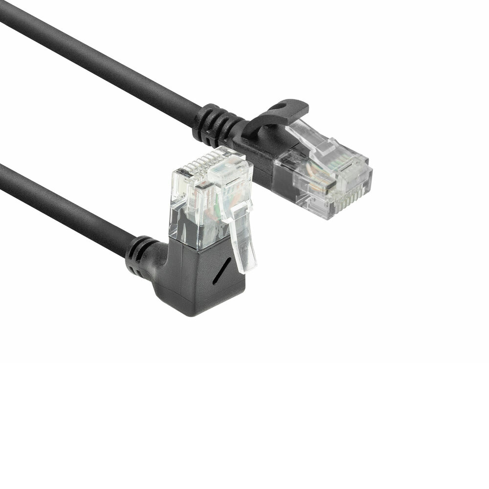 ACT Zwarte 3 meter U/UTP CAT6A LSZH slimline patchkabel met RJ45 connectoren, recht naar 90° haaks boven