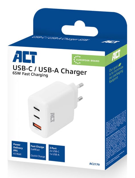 ACT USB-C/USB-A lader 65W 3-poorts met Power Delivery PPS, QuickCharge en GanFast - Afbeelding 3