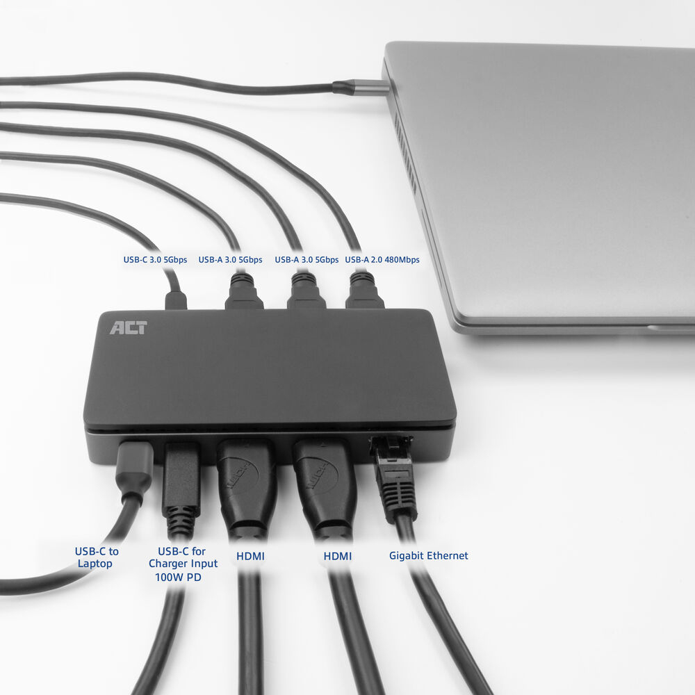 ACT USB-C 4K MST dockingstation voor 2 HDMI-monitoren, Ethernet, USB-C, 3x USB-A, PD passthrough en 1 meter lange afneembare USB-C-kabel - Afbeelding 7