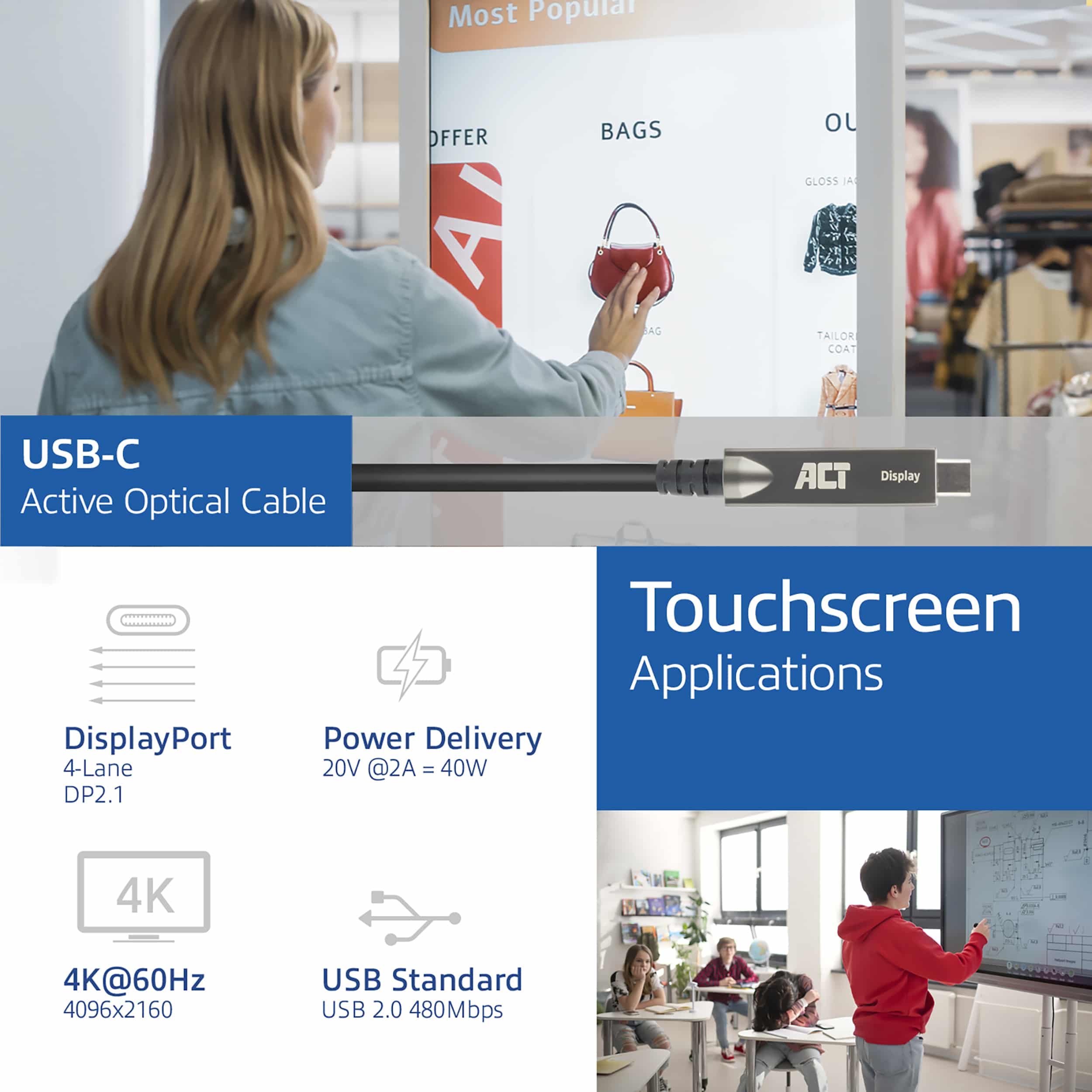 ACT USB-C 3.2 Gen2 Active Optical Cable (AOC), voor touchpanels, video, data, power, 15m - Afbeelding 2