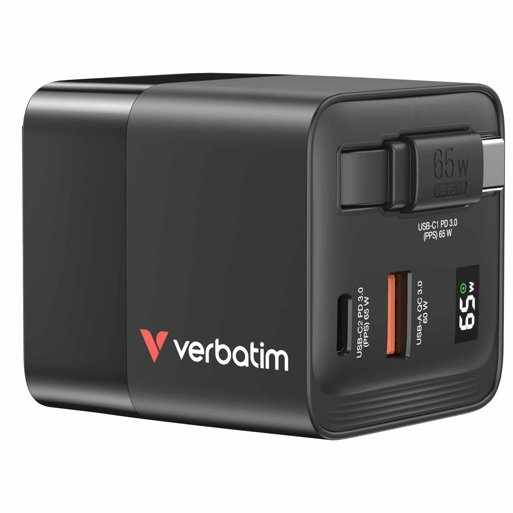 Verbatim GaN Charger 65W Universeel Zwart AC Snel opladen Binnen