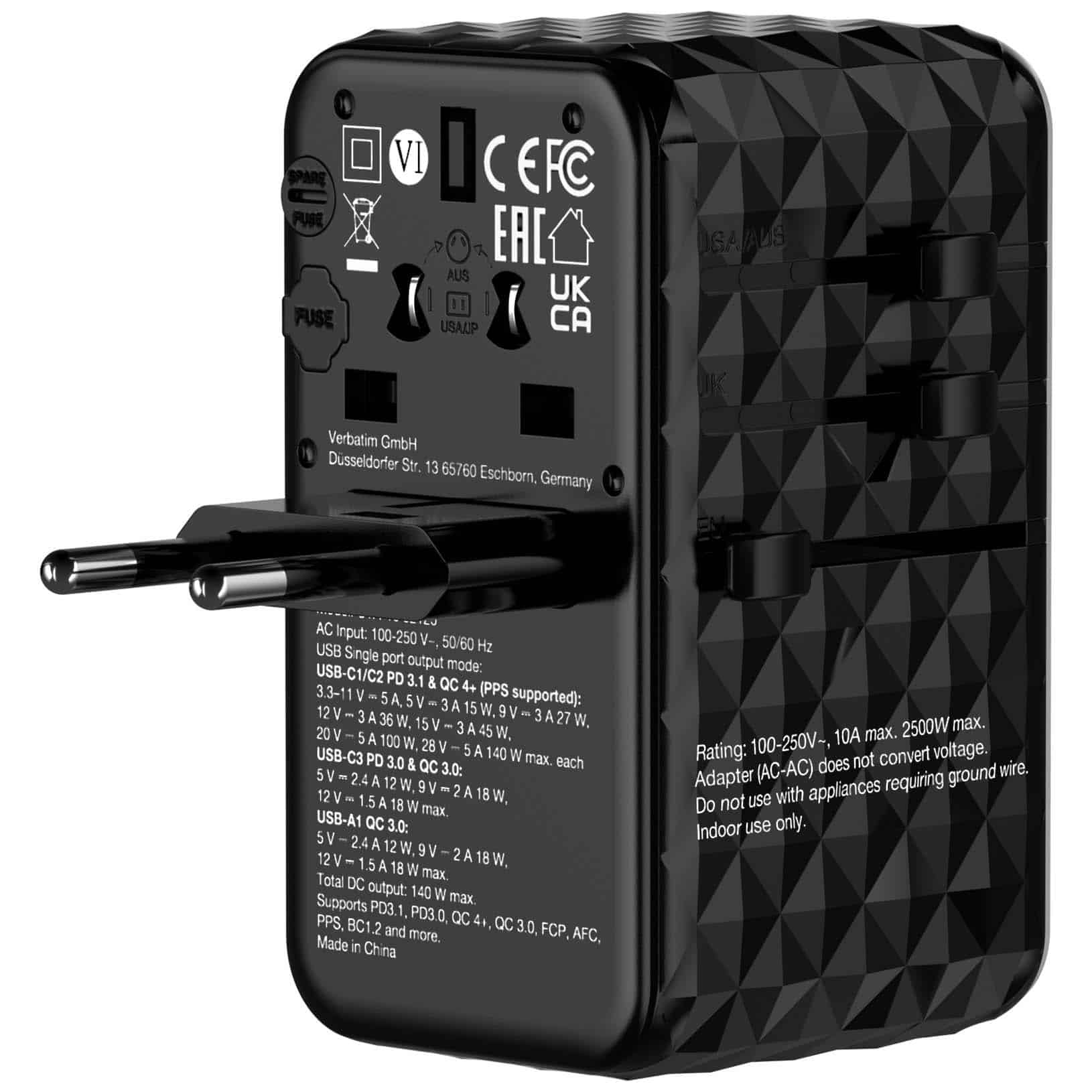Verbatim UTA-10 140W GaN III universele reisadapter Met 2 x USB-C PD 3.1 & QC 4+, 1 x USB-C PD 3.0 & 1 x USB-A QC 3.0 poorten - Afbeelding 3