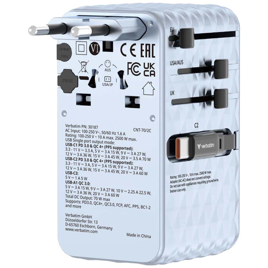 Verbatim Charge 'n' Travel 70W Universeel Blauw AC Snel opladen Binnen - Afbeelding 6