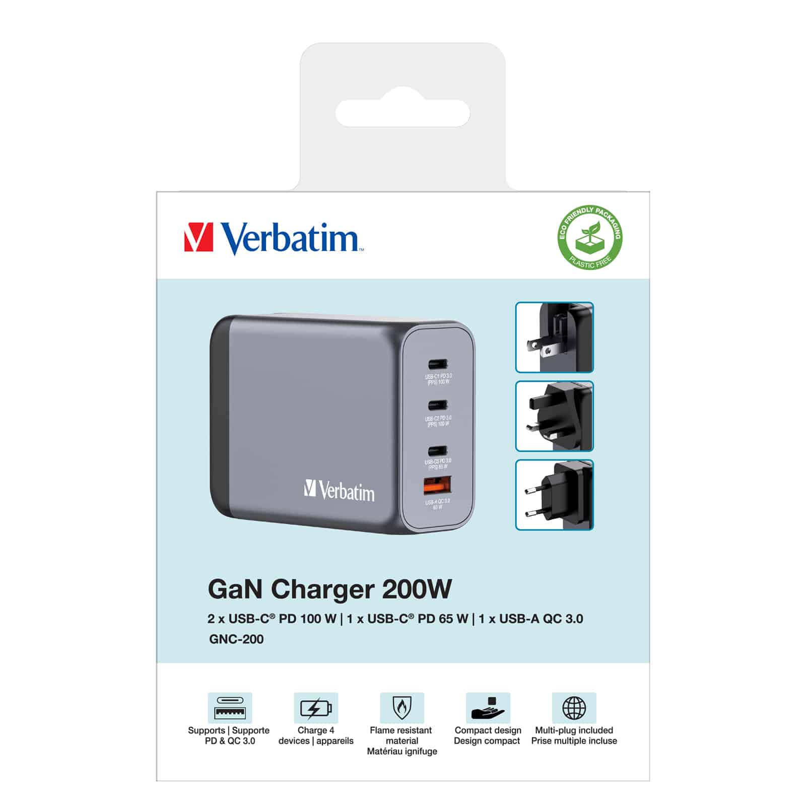 Verbatim 200 W GaN-wandoplader met vier poorten 2 x USB-C PD 100 W / 1 x USB-C PD 65 W / 1 x USB QC 3.0 (EU/VK/VS) - Afbeelding 7