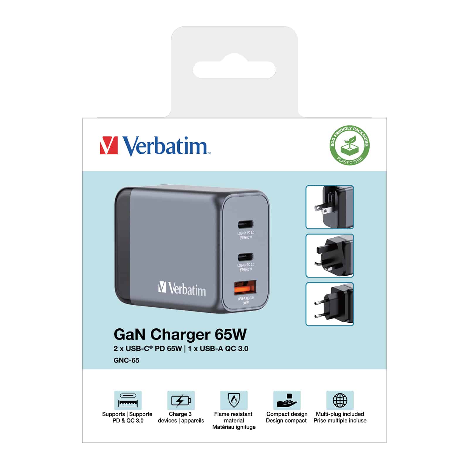 Verbatim 65 W GaN-wandoplader met drie poorten 2 x USB-C PD 65 W / 1 x USB-A QC 3.0 (EU/VK/VS) - Afbeelding 7