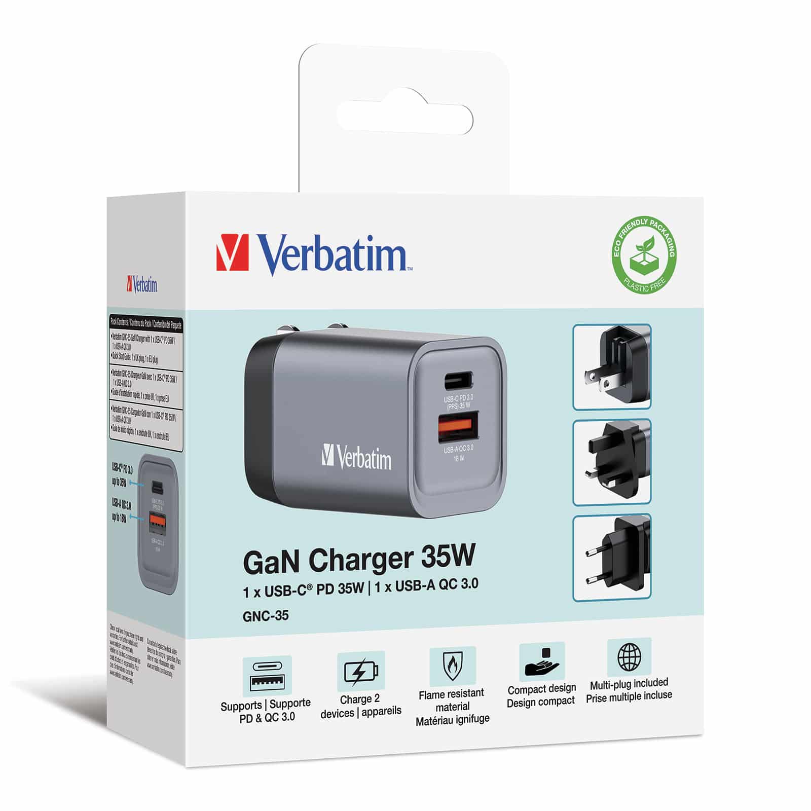 Verbatim 35 W GaN-wandoplader met twee poorten 1 x USB-C PD 35 W / 1 x USB-A QC 3.0 (EU/VK/VS) - Afbeelding 2