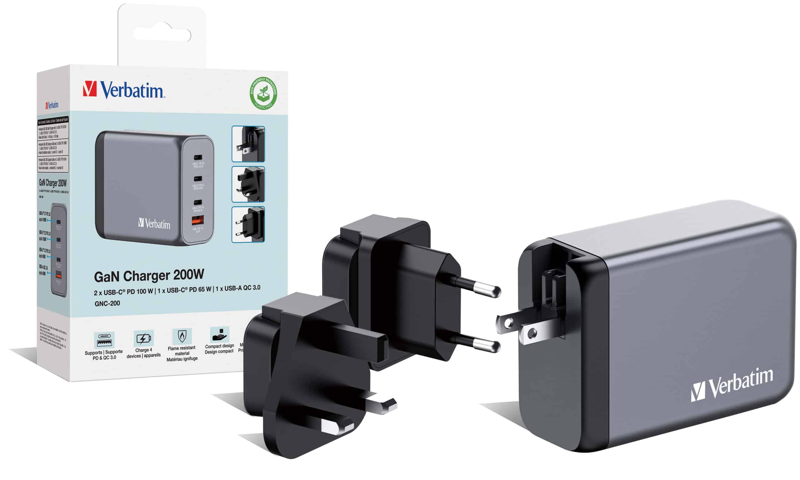 Verbatim 200 W GaN-wandoplader met vier poorten 2 x USB-C PD 100 W / 1 x USB-C PD 65 W / 1 x USB QC 3.0 (EU/VK/VS) - Afbeelding 4