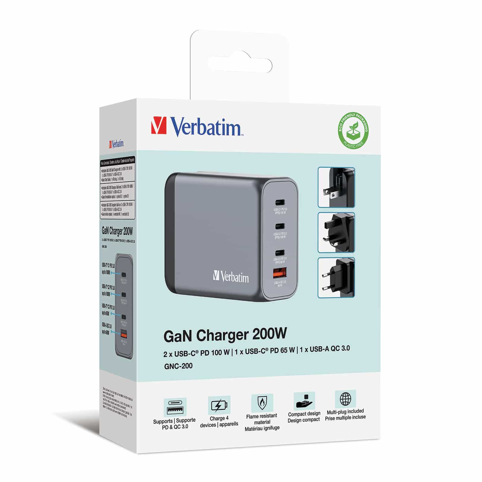 Verbatim 200 W GaN-wandoplader met vier poorten 2 x USB-C PD 100 W / 1 x USB-C PD 65 W / 1 x USB QC 3.0 (EU/VK/VS) - Afbeelding 6