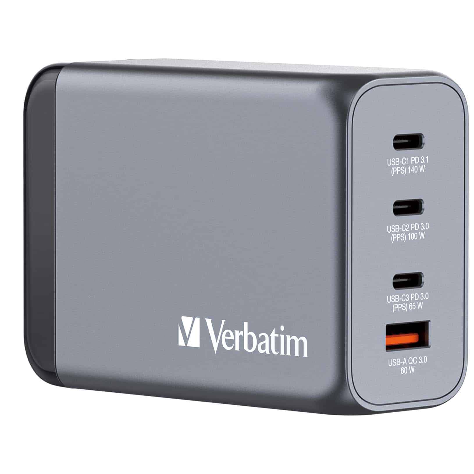 Verbatim 240 W GaN-wandoplader met vier poorten 1 x USB-C PD 140 W /1 x USB-C PD 100 W / 1 x USB-C® PD 65 W / 1 x USB-A QC 3.0 (EU/VK/VS)