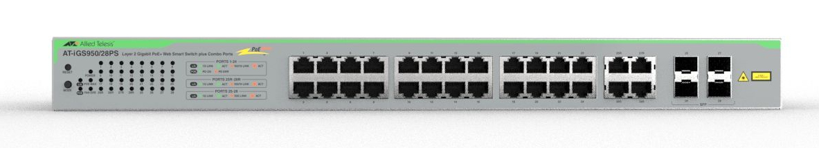 Allied Telesis iGS950/28PS Managed L2 Gigabit Ethernet (10/100/1000) Power over Ethernet (PoE) Bureaublad-/wandmontage Zilver