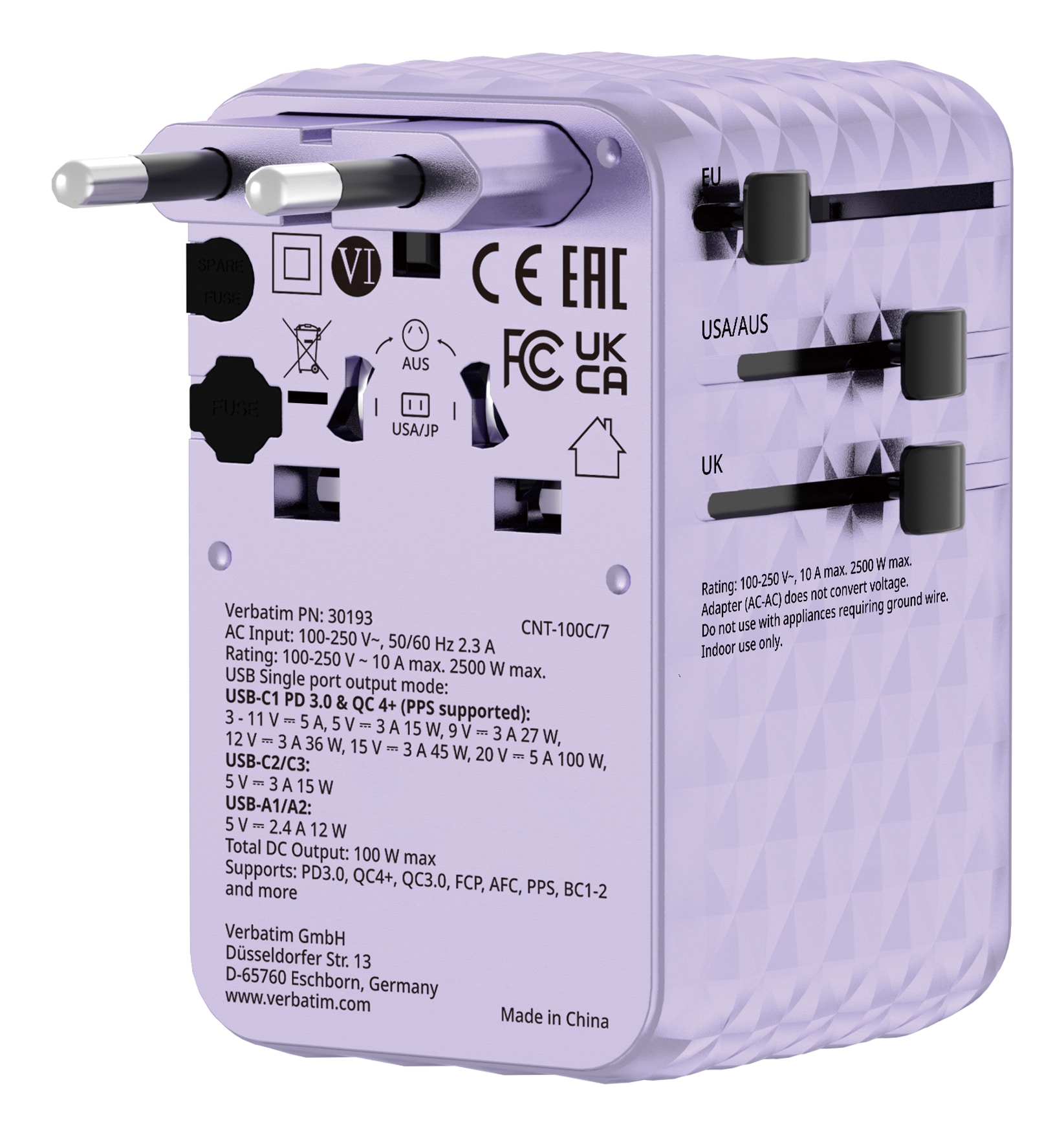 Verbatim 30193 oplader voor mobiele apparatuur Universeel Paars AC Snel opladen Binnen