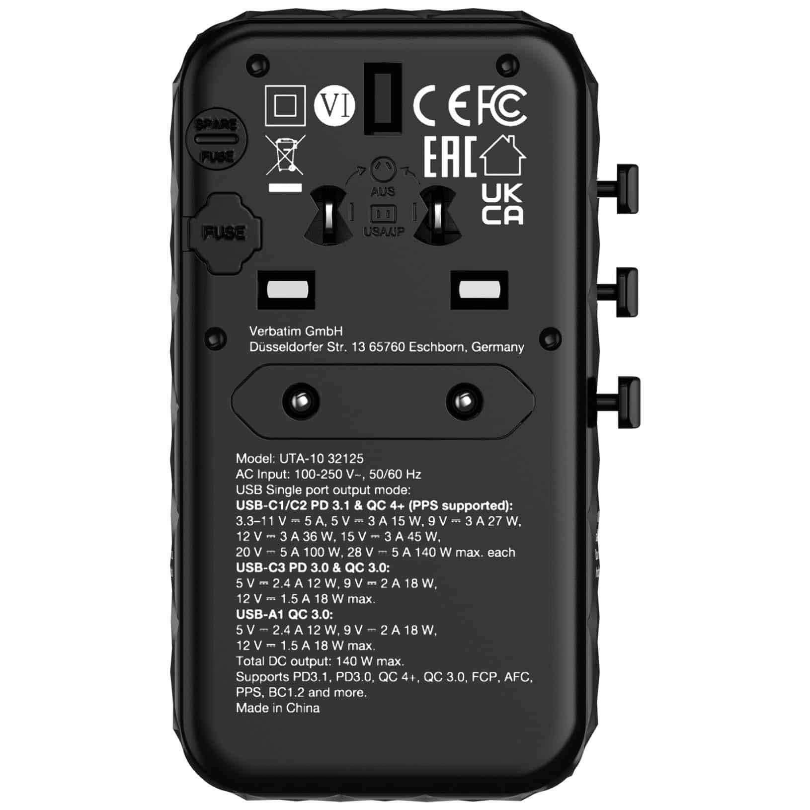 Verbatim UTA-10 140W GaN III universele reisadapter Met 2 x USB-C PD 3.1 & QC 4+, 1 x USB-C PD 3.0 & 1 x USB-A QC 3.0 poorten - Afbeelding 6