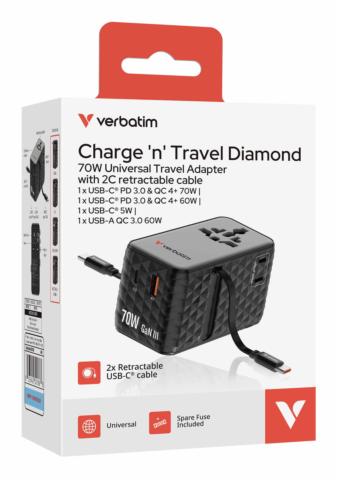 Verbatim Charge 'n' Travel 70W Universeel Zwart AC Snel opladen Binnen - Afbeelding 3