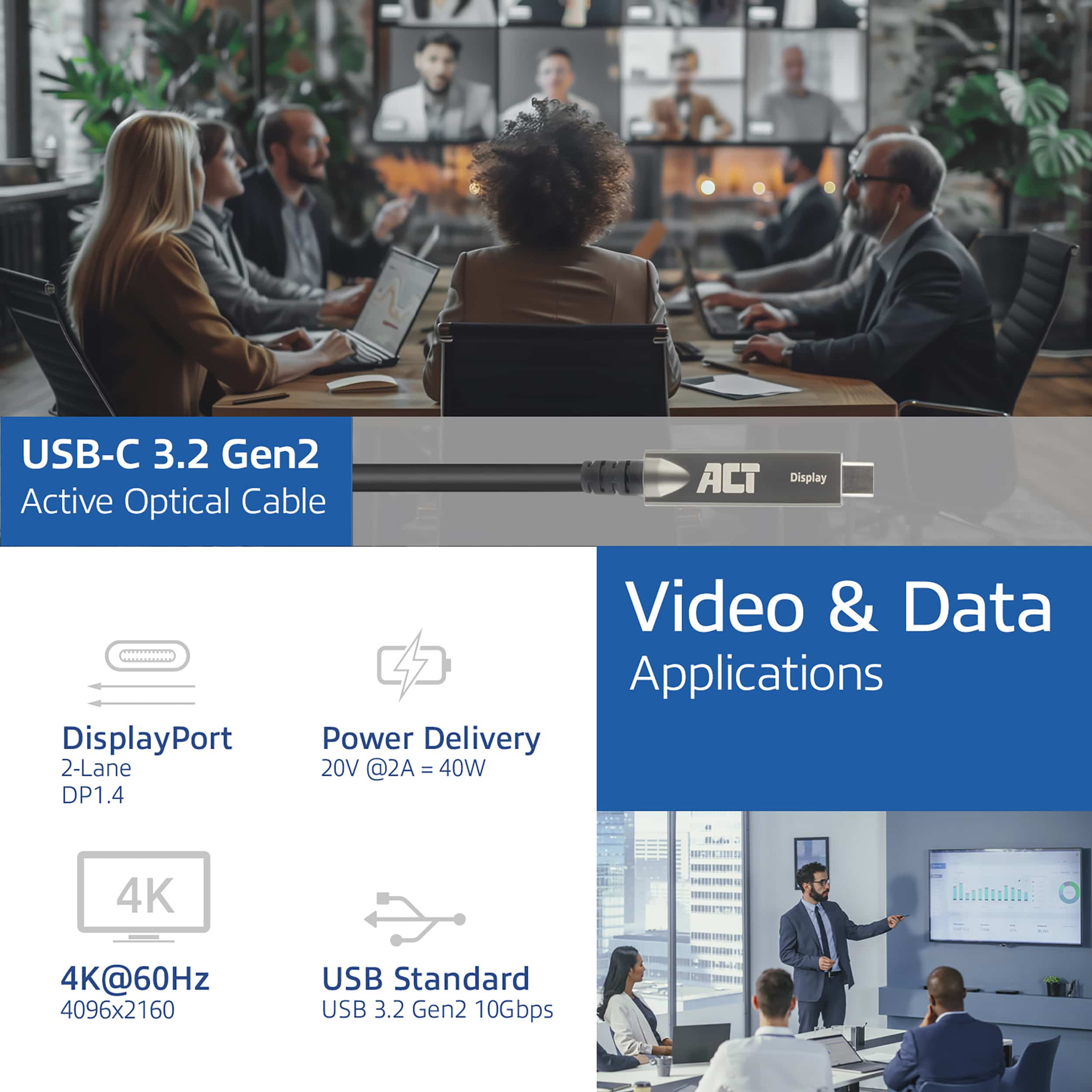 ACT USB-C 3.2 Gen2 Active Optical Cable (AOC), voor touchpanels, video, data, power, 15m - Afbeelding 3