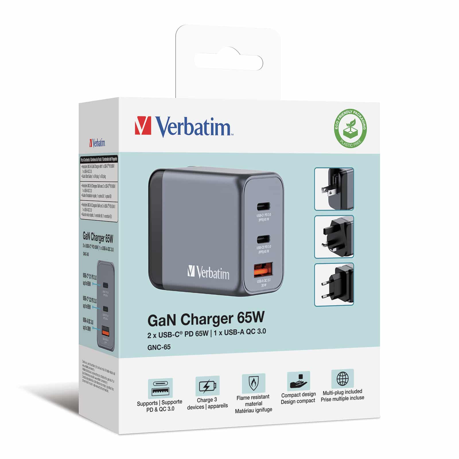 Verbatim 65 W GaN-wandoplader met drie poorten 2 x USB-C PD 65 W / 1 x USB-A QC 3.0 (EU/VK/VS) - Afbeelding 6
