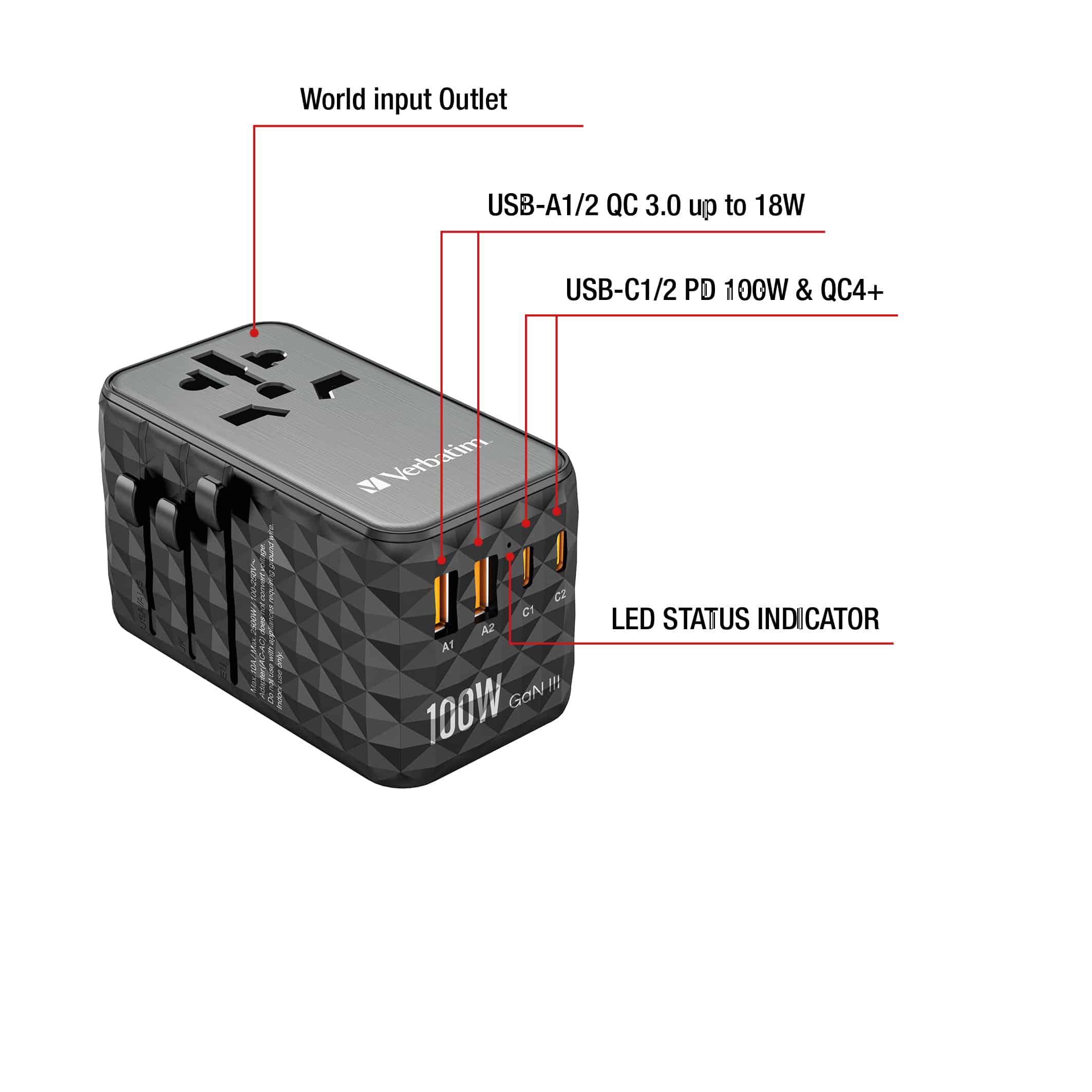 Verbatim UTA-06 100W GaN III universele reisadapter Met 2 x USB-C PD & QC 4+ & 2 x USB-A QC 3.0 poorten - Afbeelding 6