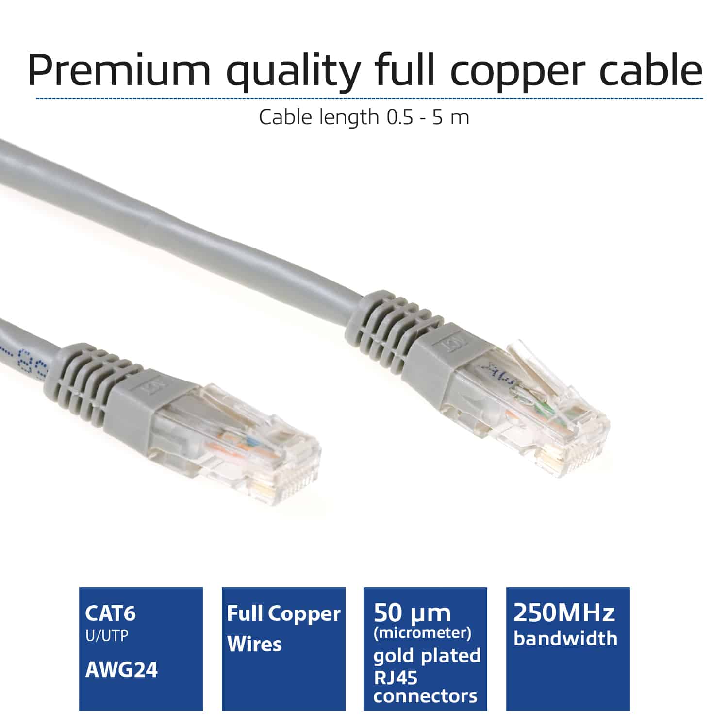 ACT Grijze 0,25 meter U/UTP CAT6 patchkabel met RJ45 connectoren - Afbeelding 2