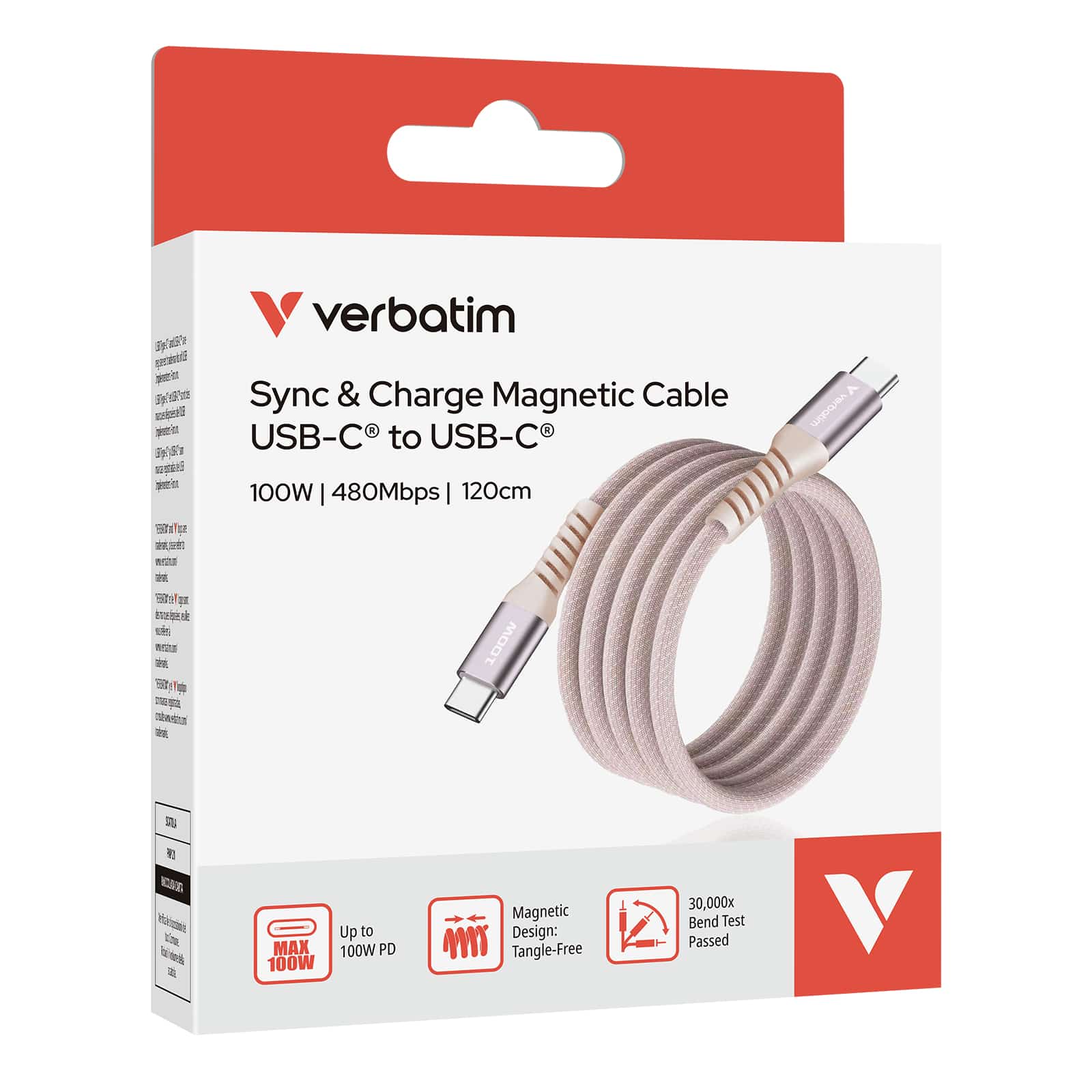 Verbatim Sync & Charge Magnetische Kabel - 100W USB-C naar USB-C 120 cm Roze - Afbeelding 7