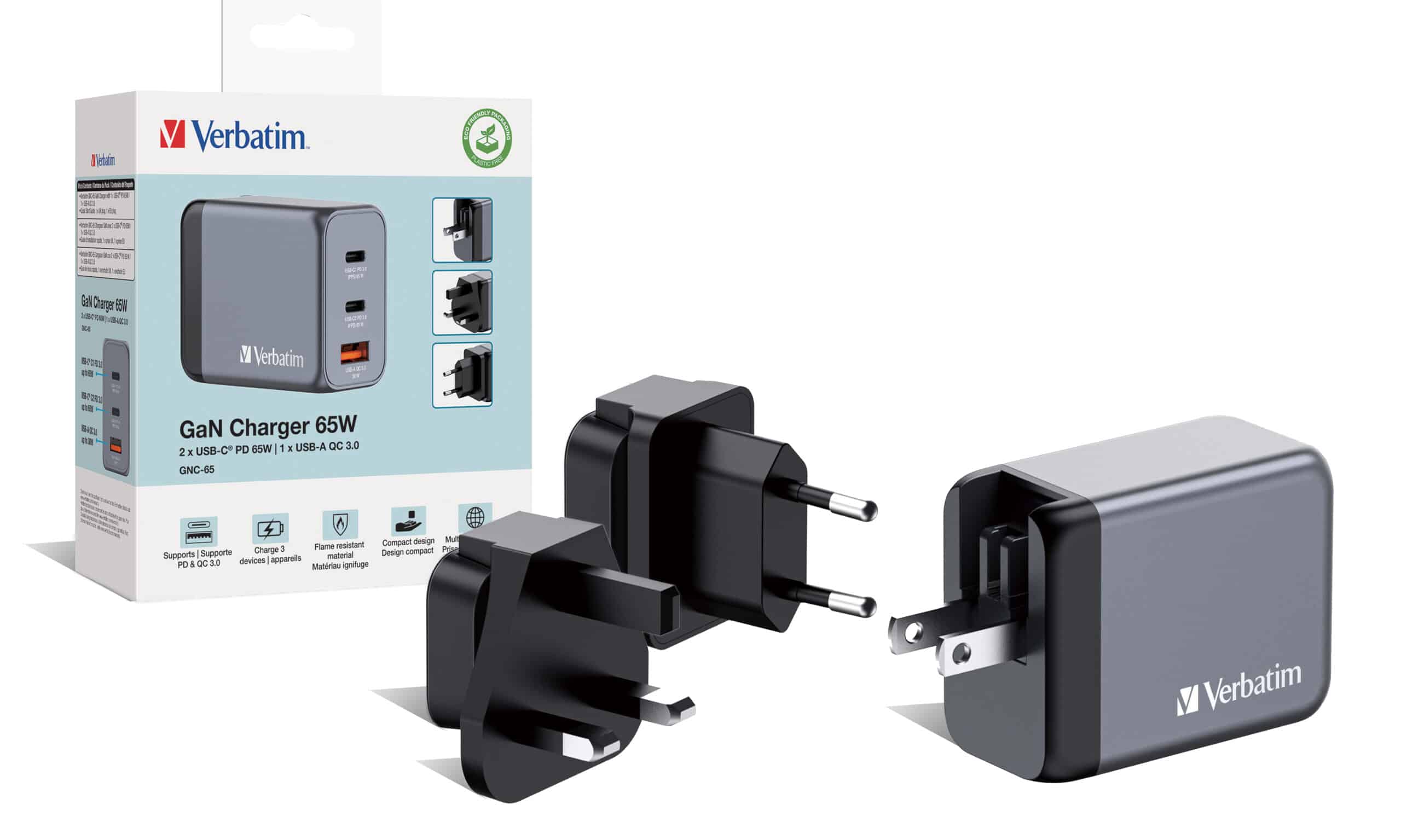 Verbatim 65 W GaN-wandoplader met drie poorten 2 x USB-C PD 65 W / 1 x USB-A QC 3.0 (EU/VK/VS) - Afbeelding 5